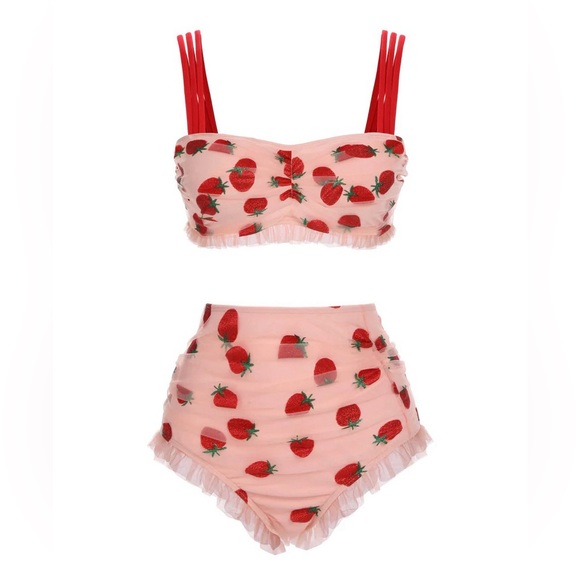 High waisted retro-style strawberry two piece bathing suit - Picture 1 of 2